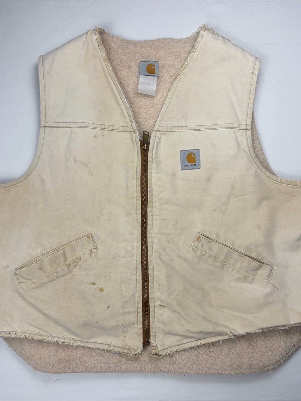 Vintage Carhartt Distressed Sherpa Canvas Work Vest Cream XL
